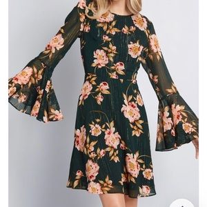 Green w/ gold metallic thread, bell sleeve dress